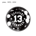 Detail of black 13th birthday paper plates featuring retro gaming icons and 23cm size - Teenager Theme B&W Large Plate