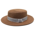 Brown straw boater hat for women with black and white striped ribbon for summer beach - M (56-58cm) / Brown