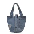 Washed blue denim bucket bag with distressed hole detail and vintage metal ring - Light Blue