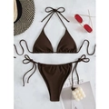 Flat lay of deep brown triangle bikini set with side ties on marble background - S / Top And Bottom / Dark Brown