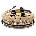 Men's 4-piece jewelry set featuring gold crown and black zircon beaded bracelets - Gold Polygon 3-Piece Set
