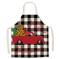 White and black buffalo plaid linen apron with red truck Christmas tree design - Style 17/Black White Plaid Pickup