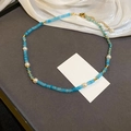 Baroque pearl necklace with light blue beads and elegant gold metal lobster clasp - Gold Blue Beaded Necklace (124#)