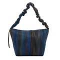 Borsa a spalla retrò in lana a righe con tracolla arricciata nei toni blu e marrone - Blu
