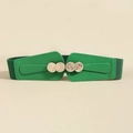 Detailed view of wide green elastic waist belt with textured gold double round buckle - Green
