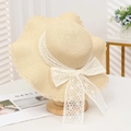 Beige woven sun hat with white lace bow and wavy brim for summer beach beachwear - Lace Plum Wave Beige
