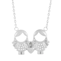 Girlfriend necklace with twin girls holding hands and a heart pendant in silver finish - Silver Double Girl Heart Style (KN236260-Z)