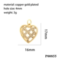 Détail macro du pendentif cœur évidé plaqué or avec zircons et guide des tailles - P00855-Coeur Creux Or