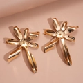 Close-up of golden double-layer flower earrings with intricate metal petals and texture - Earrings (Silver Earring Post) / Gold