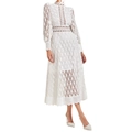 Elegant white lace long sleeve midi dress with hollow-out waist and chic high neck design - S / White