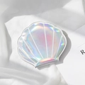 Holographic seashell-shaped portable mirror with iridescent shine on white silk fabric - Silver