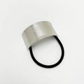 Elastic black hair tie featuring a sleek silver metal bow with a brushed texture finish - Square Brushed Texture / Silver