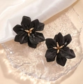 Elegant matte black flower stud earrings with golden center bead detail - Black