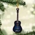 Miniature blue gradient guitar ornament with Mark name hanging on a festive pine branch - Blue Gradient