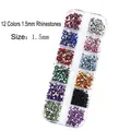 Macro view of 1.5mm 12-color flatback nail rhinestones in a rectangular plastic grid box - 12 Colors 1.5mm Colorful Rhinestones