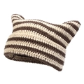 Detail of hand-knitted cat ear beanie featuring brown and beige striped wool textures - Dark Brown and Beige Striped