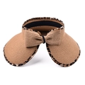 Straw open top sun hat with leopard print trim and large back bow for outdoor beach - Natural Wood Color