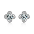 Detailed view of silver-tone clover stud earrings featuring white round-cut zircon stones - Clover Stud Earrings (ED43)