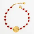 Bracciale esotico in acciaio inossidabile con perle rosse e disco dorato a raggiera - Stile Disco Rotondo in Agata Rossa (SAK927) / Oro + Agata Rossa