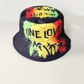 Black graffiti bucket hat with ONE LOVE text and coconut tree print in reggae colors - ONE LOVE Coconut Tree