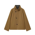 Kurze khakifarbene Hochhalsjacke mit Knopfleiste und gestreiftem Futter im Minimal-Stil - XS / Braun