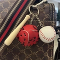 Red baseball glove keychain with white ball and wooden bat on a brown bag - 3.5CM White Ball Red/Black