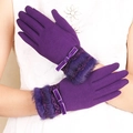 Elegant purple thermal winter gloves with plush cuffs and velvet bow for women - Fleece Double Fur - Purple