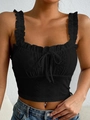 Detail of black eyelet embroidery fabric on camisole with lace straps and bow drawstring - S / Black