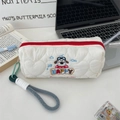 Detail of white quilted pouch with dog embroidery, happy text and red zipper - White (Pilot Dog Style)