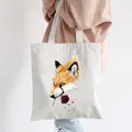 Artistic fox print canvas tote bag in off-white with a red rose pattern - Style C8-Fox With Rose