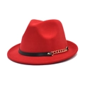 Close-up of red wool fedora hat featuring a black leather band and bold gold chain detail - M (56-58cm) / Red