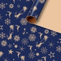 Dark blue Christmas kraft wrapping paper roll with gold reindeer and snowflake patterns - Snowman Reindeer