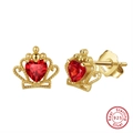Golden S925 sterling silver crown earrings with red heart zirconia stones - Red Heart Crown Stud - Gold