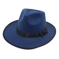 Classic navy blue wool fedora hat with a black ribbon bow and textured bound edge - Sapphire Blue