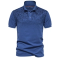 Detailed view of men's polo shirt with blue floral print and classic collar texture - S / Denim Blue