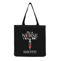 Close-up of nurse print detail on large black canvas tote bag with syringe graphics - Black Nurse Humor Slogan Style (hm6960)