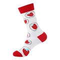 White cotton mid-calf sock featuring red strawberry patterns and blue leaf details - 951 Food Series