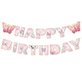 Pink butterfly happy birthday banner with floral patterns and gold foil edges 15pcs - Birthday Banner Style 2 15PCS