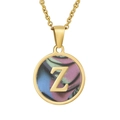 18K gold plated necklace with circular shell pendant featuring a raised letter Z - Colorful Abalone Shell Letter Z