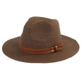 Chapeau Panama en paille avec bande en cuir marron et boucle dorée pour protection solaire - 58cm / café