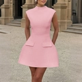 Rosa ärmelloses A-Linien-Kleid mit Stehkragen und dekorativen Taschenklappen in Tweed-Optik - S / Rosa