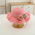 Detailed view of pink straw sun hat with lace edge and three floral fabric ornaments - Hat Only / Watermelon Red Hat
