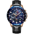 Luxus-Multifunktions-Sportuhr für Herren mit schwarzem Lederarmband und blauem Zifferblatt - Schwarzes Band Blaue Lünette