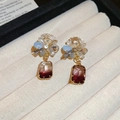 Elegant 18k gold plated flower earrings with blue petals and gradient purple crystal drops - Gold Brown Purple Crystal Floral Style (64#)