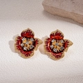 Retro-Ohrstecker in Blumenform mit roter Emaille und goldener Einfassung - Stil mit Silber-Ohrstecker / Rot