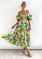 Detailed close-up of colorful floral print and layered ruffles on off-shoulder dress - S / Green Floral