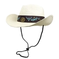 Detail of straw cowboy hat featuring brown leather band with blue bull embroidery - M (56-58cm) / Creamy White