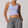 Lavender purple crisscross back yoga tank top and grey joggers for workout and gym - Romantic Purple