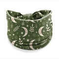 Elastic forest green headband featuring white and gold celestial moon and leaf prints - Style 126
