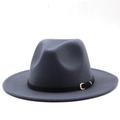 Detail shot of a grey wool fedora hat with a black leather band and gold metal buckle - M (56-58cm) / Dark Gray
